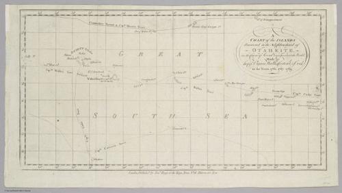 E560 - A chart of the islands discovered in the neighborhood of Otaheite in the course of several voyages round the world made by the Capns. Byron, Wallis, Carteret & Cook in the years 1765, 1767, 1769 (1784) - Jane and Ronald Gibbs Collection