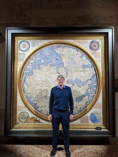 Chet Van Duzer with 1450 Fra Mauro mappamundi