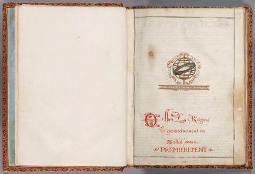E832 - Vallard - Front flyleaf, vv_Title page with “Nicholas Vallard de Dieppe,1547”written below armillary sphere